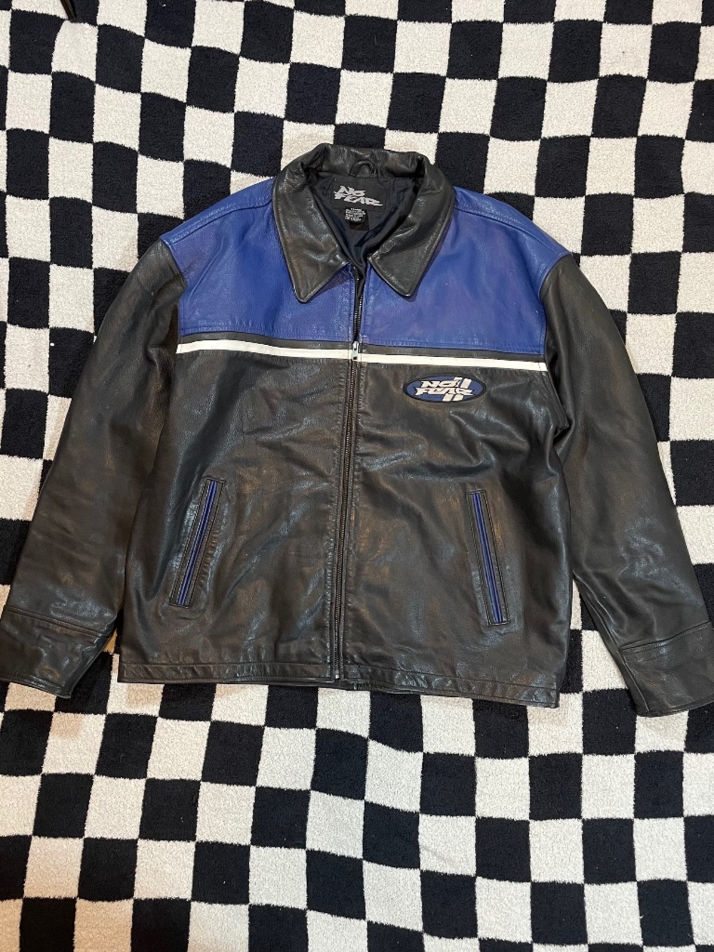 vintage no fear leather moto jacket black and blue size xl